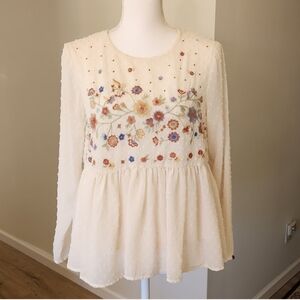 Skylar & Jade Cream Embroidered Swiss Dot Tie Back Peplum Babydoll Blouse L